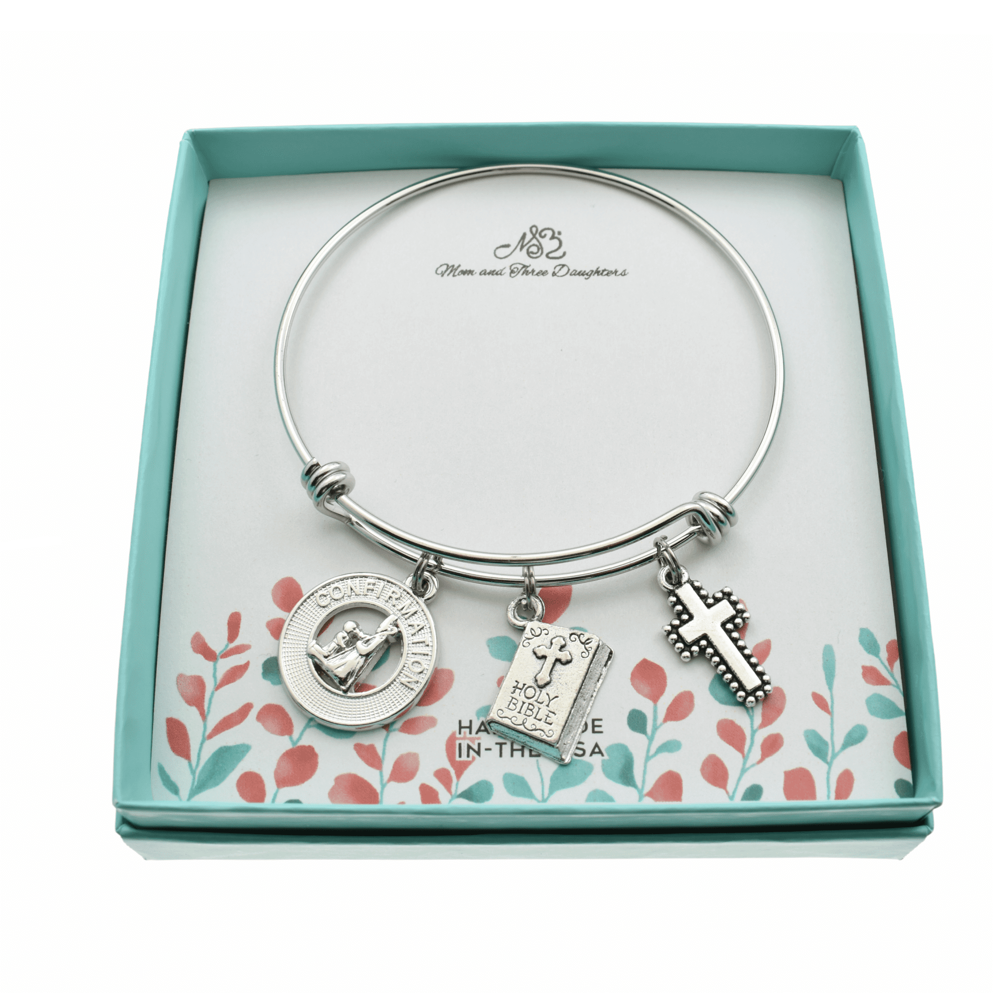 Confirmation Bangle Bracelet in silver stainless steel with three silver toned charms. Confirmation gift for teen girl. Confirmation gift.