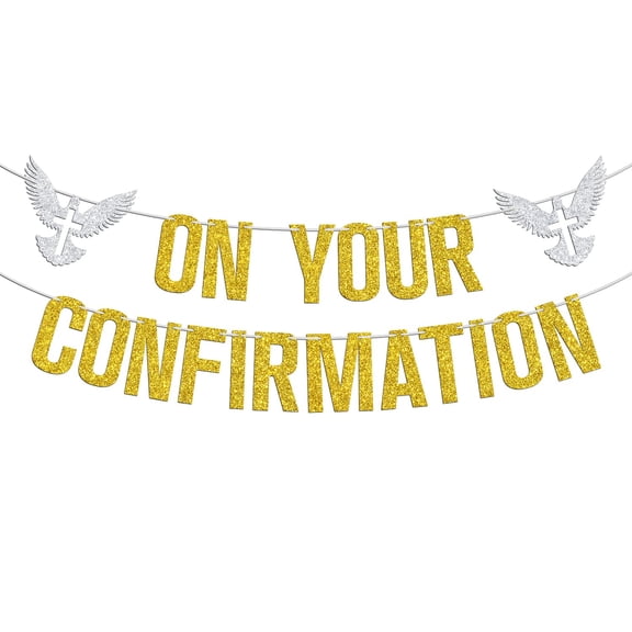 On Your Confirmation Banner, Christening Baby Shower / 1st Religious Baptism Bunting Sign - Bridal Shower, Engagement, Wedding Anniversary Party Decorations Supplies, Gold and Silver Glitter