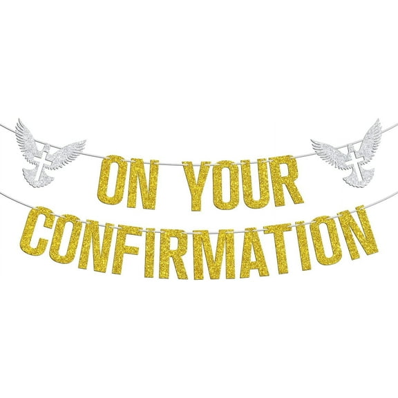 On Your Confirmation Banner, Christening Baby Shower / 1st Religious Baptism Bunting Sign - Bridal Shower, Engagement, Wedding Anniversary Party Decorations Supplies, Gold and Silver