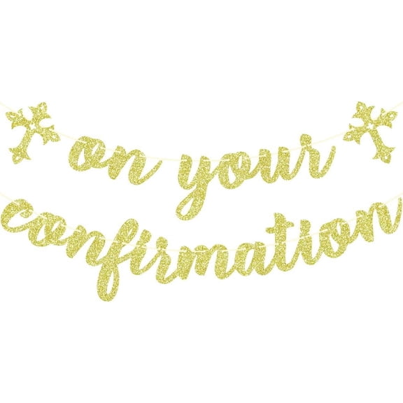 On Your Confirmation Banner, First Communion Decoration, Spanish Engagement/Wedding Party Decoration, Religious Banner for Bridal Shower/Baby Shower, First Holy Decor Gold Glitter