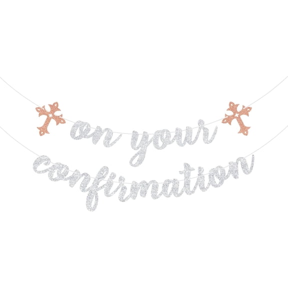 On Your Confirmation Banner, First Communion Decoration, Spanish Engagement/Wedding Party Decoration, Religious Banner for Bridal Shower/Baby Shower, First Holy Decor Silver Glitter