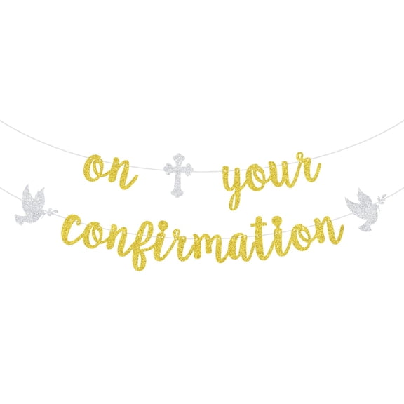 On Your Confirmation Banner, First Communion, God Bless, Glittery Religious Baptism/Cofirmation/Baby Shower/1st Birthday Party Decorations, Gold & Silver