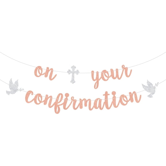 On Your Confirmation Banner, First Communion, God Bless, Glittery Religious Baptism/Cofirmation/Baby Shower/Baby 1st Birthday Party Decorations, Rose Gold & Silver