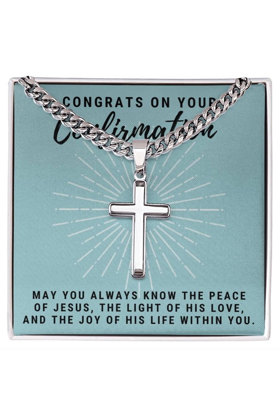 Confirmation Gift for Him, May You Always Know the Peace of Jesus Stainless Steel Men Cross Necklace on Cuban Chain