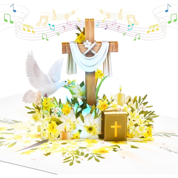Confirmation Pop Up Card with Music & Lights, 3D Musical Cross & Dove Confirmation Greeting Cards, Sacred Religious Keepsake Gift with Envelope for Boys Girls