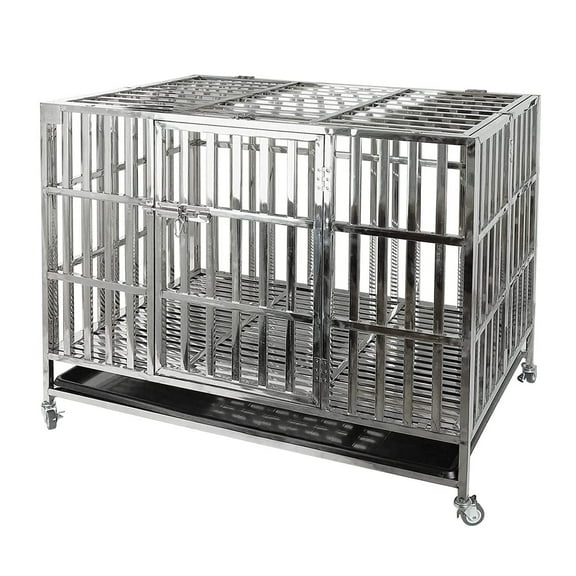 Confote 42" Heavy Duty Stainless Steel Dog Cage Kennel Crate and Playpen for Training Large Dog Indoor Outdoor with Double Doors & Locks Design Included Lockable Wheels Removable Tray No Screw