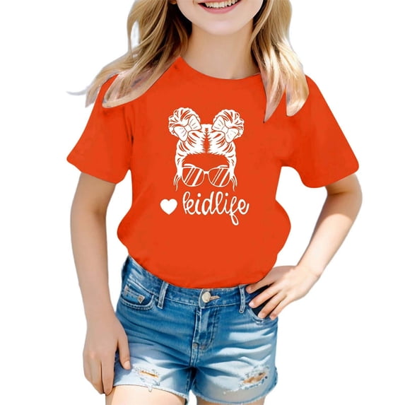 Confree Big Girls Summer Tshirts Graphic Print Short Sleeved Crew Neck Tee Shirts Dailywear Soft Casual Shirts For Girls Size 9-10 Years Orange