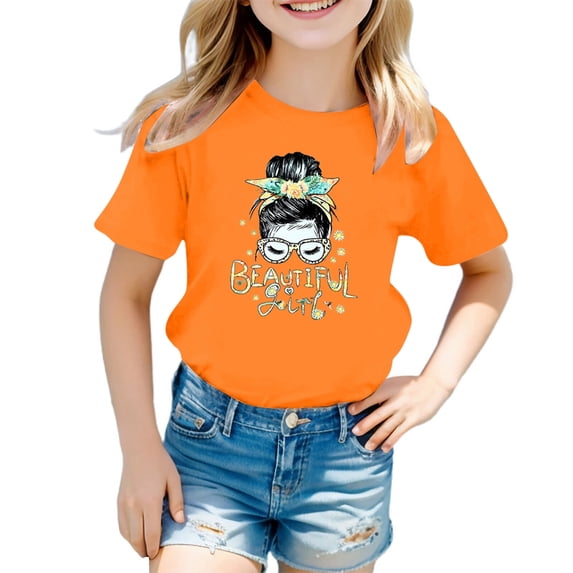 Confree Big Girls Summer Tshirts Graphic Print Short Sleeved Round Neck Tee Shirts Dailywear Soft Casual Shirts For Girls Size 11-12 Years Orange