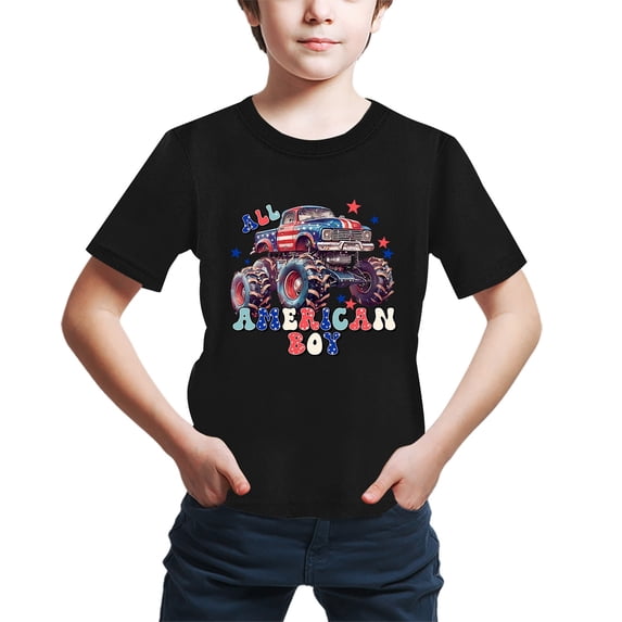 Confree Child Boys Shirt Graphic Print Short Sleeved Round Neck Summer Playwear Fashion Soft Comfort Kids Boys Tees Size 6-7 Years Black