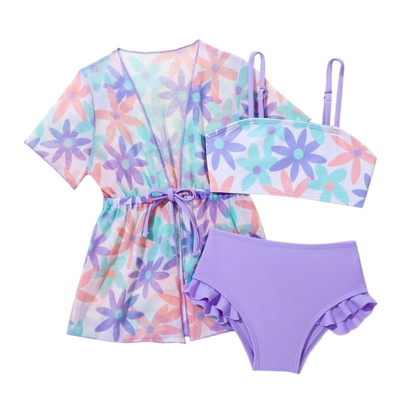 Confree For Girls 3 Piece Swimsuit Graphic Print Bathing Suits Summer Holiday Soft Casual Toddler Girls Swimwear Size 2-3 Years Purple
