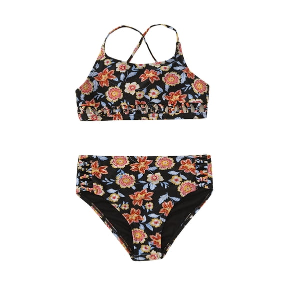 Confree For Girls Summer 2 Piece Swimsuit Floral Prints Swimwear Beach Soft Casual Big Girls Bathing Suits Size 7-8 Years Black