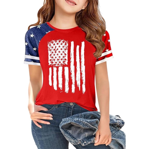 Confree Little Girls 4Th Of July T-Shirt Star Striped Printed Short Sleeved Round Neck Tee Shirts Summer Independent Day Fashion Soft For Girls Tops Size 10-11 Years Red