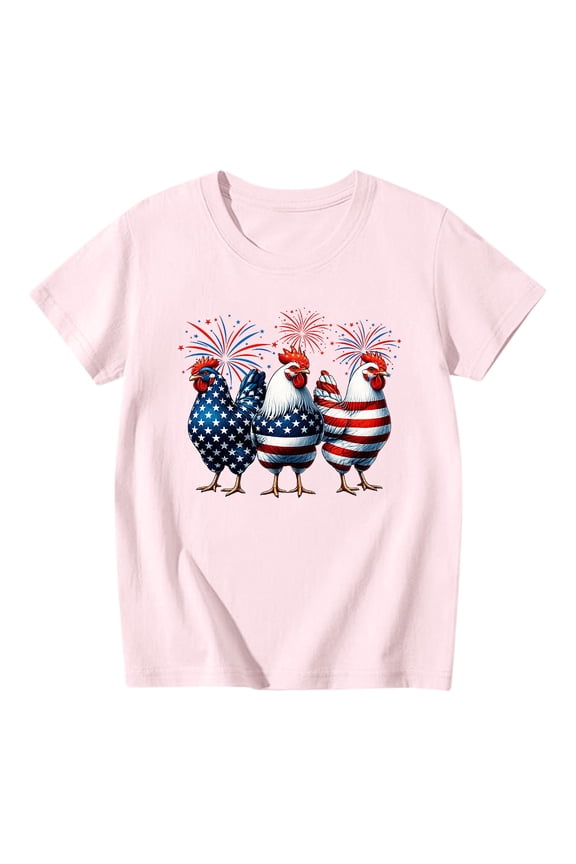 Little Girls 4Th Of July T-Shirt Summer Round Neck Short Sleeve Rooster Flag Print Tops Comfortable Fashion Casual Kids Shirts Size 5-6 Years Pink