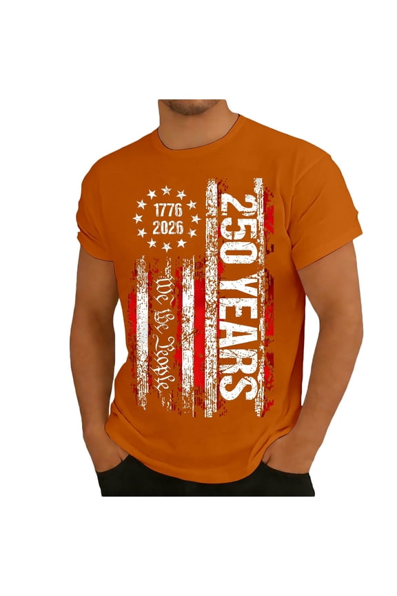 Men 4Th Of July T-Shirt Independence Day Anniversary Graphic Short Sleeve Round Neck Tee Summer Soft Fashion Comfortable Man Shirts Size M Orange