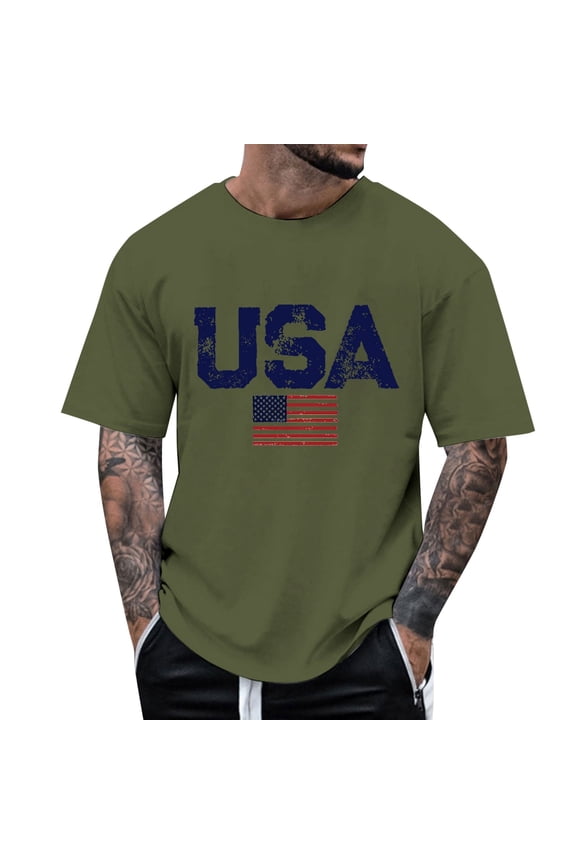 Men T-Shirt America Flag Print Short Sleeve Independence Day Tops Summer Fashion Soft Casual Man Shirt Size Xl Army Green