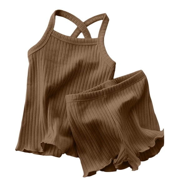 Confree Summer Outfit Sets For Girls Solid Color Sleeveless Tops And Shorts Set Dailywear Casual Soft Toddler Girls Outfits Size 12-18 Months Brown