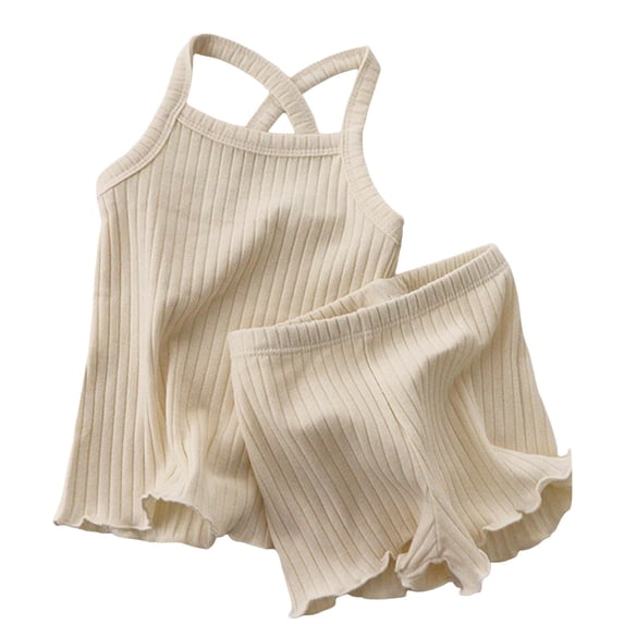 Confree Summer Outfit Sets For Girls Solid Color Sleeveless Tops And Shorts Set Dailywear Casual Soft Toddler Girls Outfits Size 18-24 Months Beige