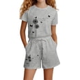 thumbnail image 1 of Confree Summer Outfits Set For Girls Graphic Print Short Sleeved Crew Neck Tees And Shorts Sets Dailywear Cute Comfortable Little Girls Outfit Size 13-14 Years Gray, 1 of 4