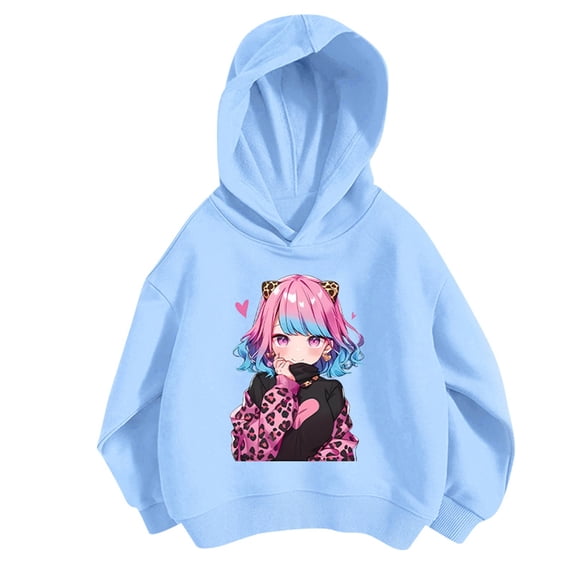 Confree Sweatshirts For Girls Graphic Print Long Sleeve Hoodie Spring Autumn Everyday Wear Soft Casual Big Girls Pullover Top Size 8-9 Years Blue