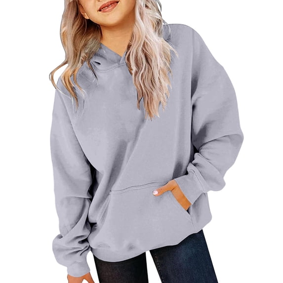 Confree Sweatshirts For Girls Spring Autumn Solid Color Long Sleeve Hoodies Dailywear Breathable Casual Big Girls Pullover Top Size 8-9 Years Gray