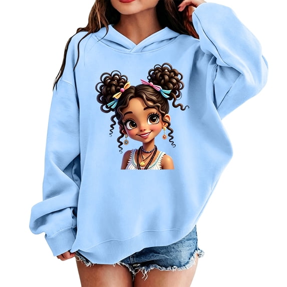 Confree Sweatshirts For Girls Spring Autumn Cartoon Graphic Print Long Sleeve Hoodies Dailywear Fashion Comfortable Big Girls Pullover Top Size 8-9 Years Blue