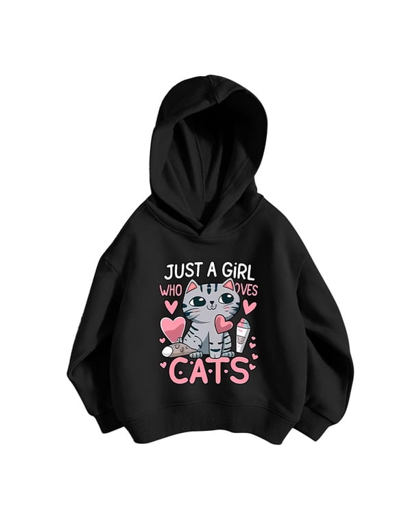 Sweatshirts For Girls Spring Autumn Graphic Print Long Sleeve Hoodie Dailywear Fashion Comfortable Infant Pullover Top Size 18-24 Months Black