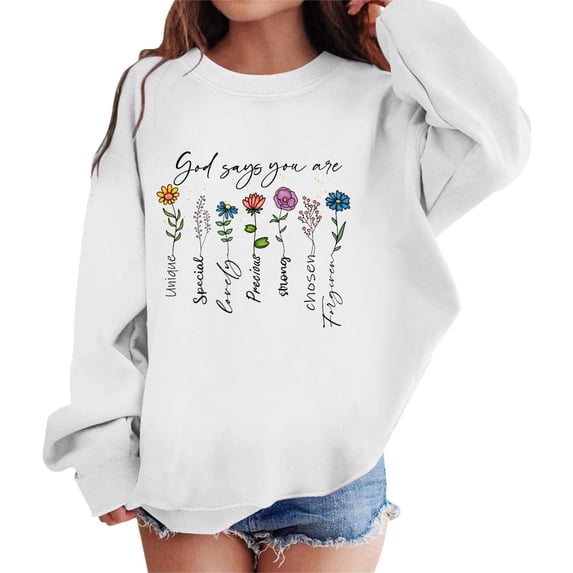 Confree Sweatshirts For Girls Spring Autumn Graphic Print Long Sleeve Sweatshirt Dailywear Casual Comfortable Big Girls Pullover Top Size 9-10 Years White