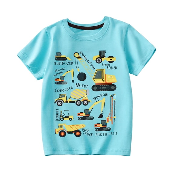 Confree Toddler Boys T-Shirt Cartoon Excavator Print Short Sleeved Round Neck Summer Daily Wear Soft Breathable Fashion Little Boys Tshirts Size 5-6 Years Sky Blue