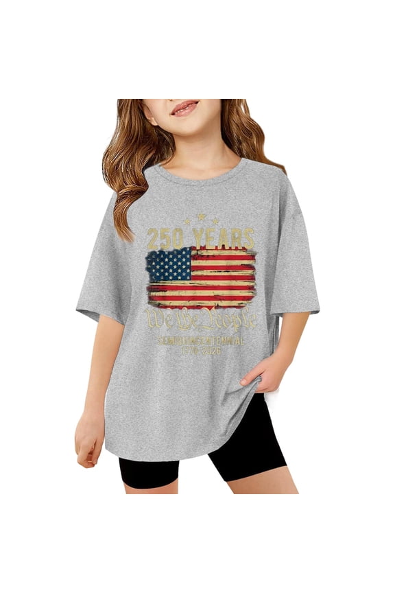 Toddler Girls 4Th Of July T-Shirt 250Th Years Print Independence Day Crew Neck Short Sleeve Tops Summer Fashion Casual Little Girls Shirts Size 11-12 Years Grey