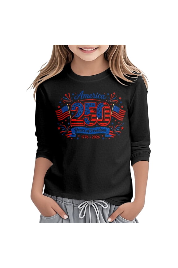 Toddler Girls 4Th Of July T-Shirt 250Th Years Print Patriotic Graphic 3/4 Sleeve Crew Neck Tees Summer Casual Kids Shirts Size 12-13 Years Black