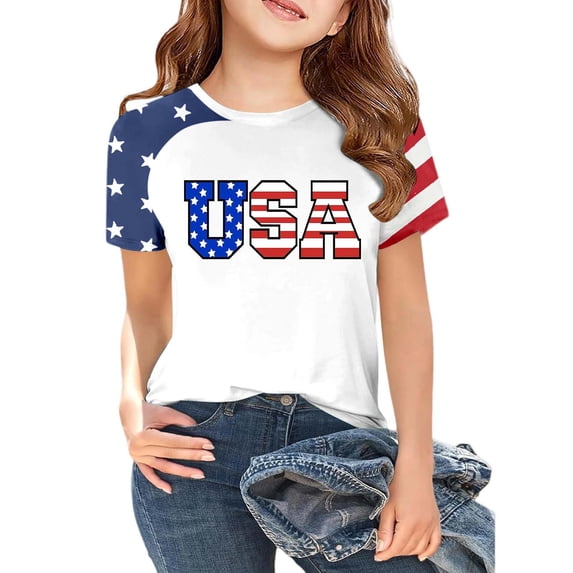 Confree Toddler Girls 4Th Of July T-Shirts Flag Patriotic Graphic Short Sleeved Crew Neck Tee Shirts Summer Independent Day Fashion Breathable For Girls Tops Size 12-13 Years White