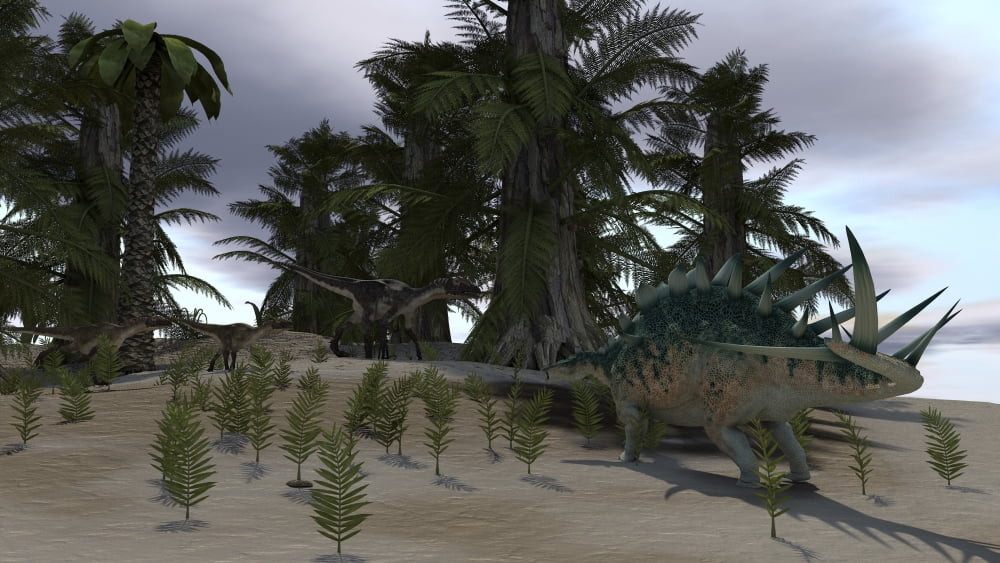 Confrontation between a group of Utahraptors and a Kentrosaurus Canvas Art - Kostyantyn IvanyshenStocktrek Images (19 x 11)
