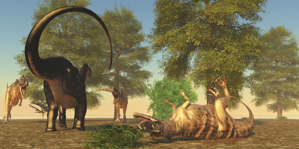 Confrontation between an Apatosaurus and a group of Ceratosaurus Canvas Art - Corey FordStocktrek Images (40 x 20)