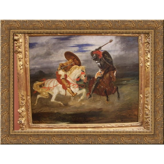 Confrontation of knights in the countryside 24x18 Gold Ornate Wood Framed Canvas Art by Eugene Delacroix