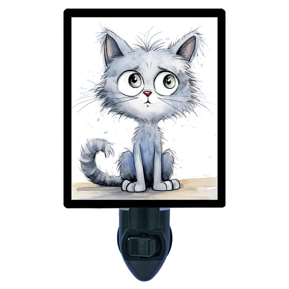 Confused Cat Night Light – Adorable Cartoon Cat with Big Eyes, Funny Whimsical Pet Design, Free Switchable Insert