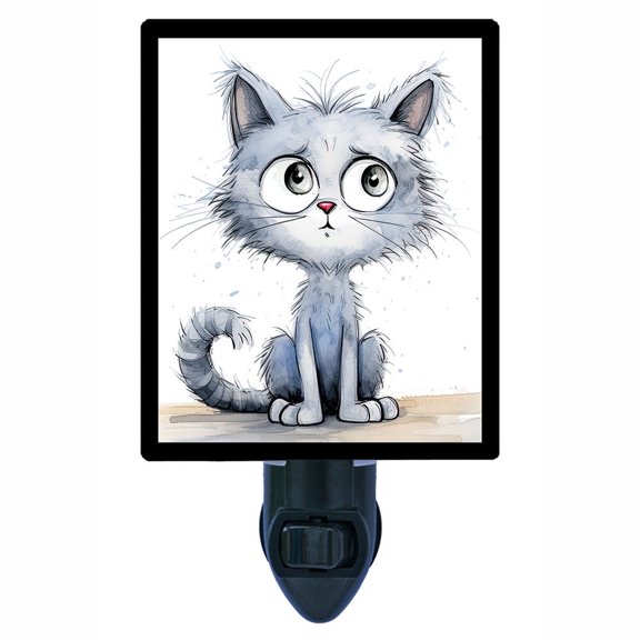 Confused Cat Night Light – Adorable Cartoon Cat with Big Eyes, Funny Whimsical Pet Design, Free Switchable Insert