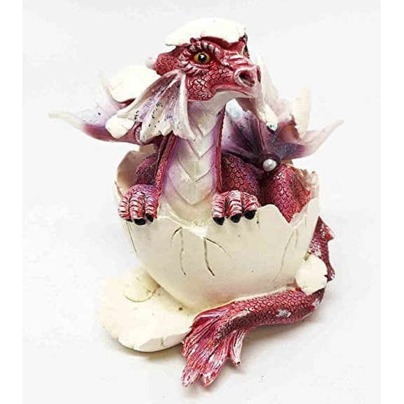 Confused Red Baby Dragon Hatchling Emerging From Egg Sculpture Collectible