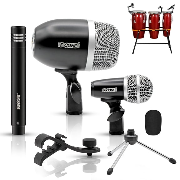 Conga Mic Snare Tom Set Professional XLR Cardioid Unidirectional Condenser Instrument Microphone Kit - CONGO Black