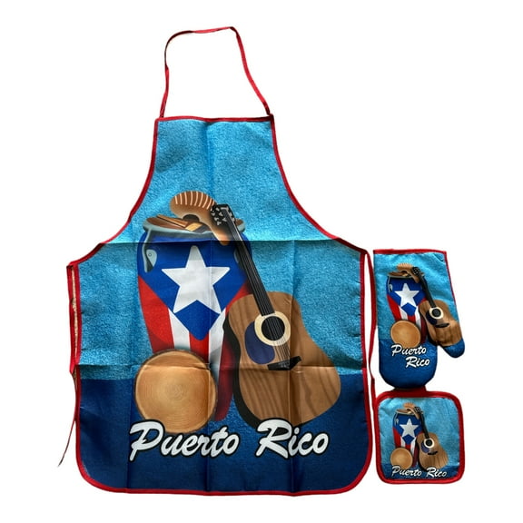 Conga Puerto Rico Set 3 Pcs Apron, Oven Mitt, Pot Holder Delantar