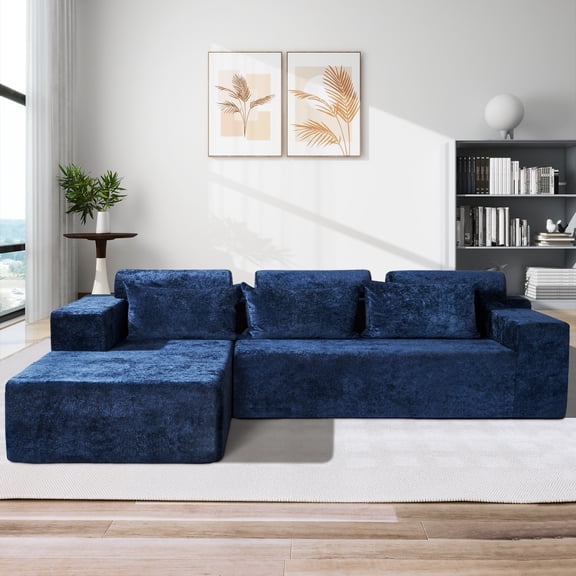 Congermom 105" Modular L-Shape Sectional Sofa with Chaise & Pillows, Comfy Deep-Seat Cloud-Couch, Luxury Velvet Sectional for Living Room, Left Facing Chaise, Blue