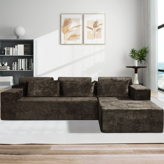 Congermom 105" Modular L-Shape Sectional Sofa with Chaise & Pillows, Comfy Deep-Seat Cloud-Couch, Luxury Velvet Sectional for Living Room, Right Facing Chaise, Yellow Brown