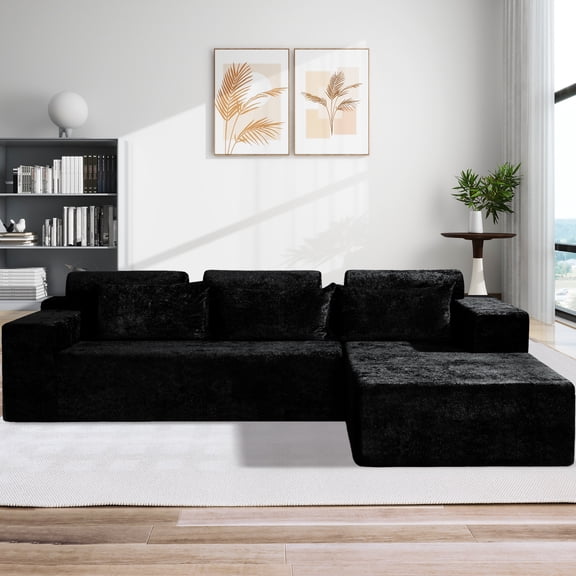 Congermom 105" Modular L-Shape Sectional Sofa with Chaise & Pillows, Comfy Deep-Seat Cloud-Couch, Luxury Velvet Sectional for Living Room, Right Facing Chaise, Black