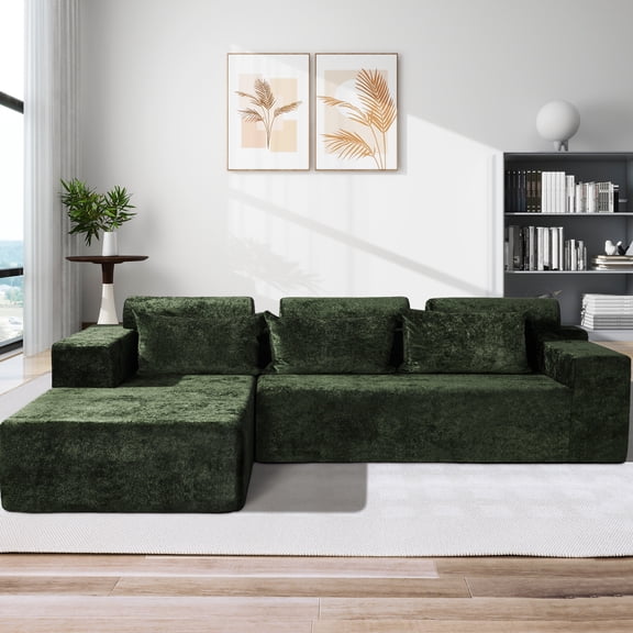 Congermom 105" Modular L-Shape Sectional Sofa with Chaise & Pillows, Comfy Deep-Seat Cloud-Couch, Luxury Velvet Sectional for Living Room, Left Facing Chaise, Green