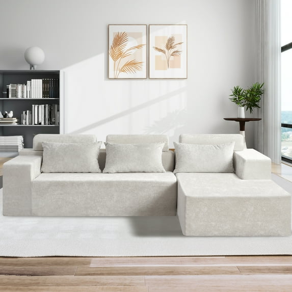 Congermom 105" Modular L-Shape Sectional Sofa with Chaise & Pillows, Comfy Deep-Seat Cloud-Couch, Luxury Velvet Sectional for Living Room, Right Facing Chaise, Beige