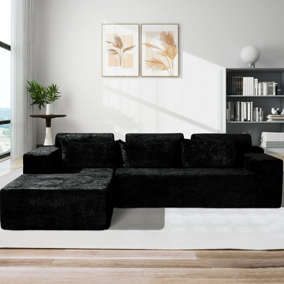 Congermom 105" Modular L-Shape Sectional Sofa with Chaise & Pillows, Comfy Deep-Seat Cloud-Couch, Luxury Velvet Sectional for Living Room, Left Facing Chaise, Black