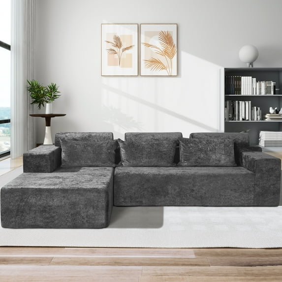 Congermom 105" Modular L-Shape Sectional Sofa with Chaise & Pillows, Comfy Deep-Seat Cloud-Couch, Luxury Velvet Sectional for Living Room, Left Facing Chaise, Gray
