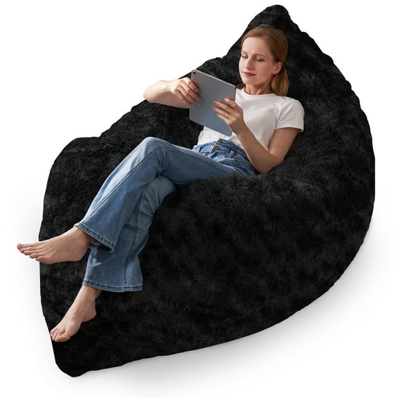 Congermom 4 in 1 Bean Bag Chair, Giant Memory Foam Filling Bean Bag Sofa, Adult Bean Bag Chair, Machine Washable Faux Fur Cover, Bean Bag for Adult (Black)