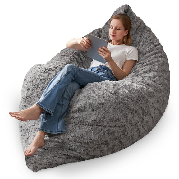 Congermom 4 in 1 Bean Bag Chair, Giant Memory Foam Filling Bean Bag Sofa, Adult Bean Bag Chair, Machine Washable Faux Fur Cover, Bean Bag for Adult (Grey)