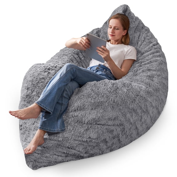 Congermom 4 in 1 Bean Bag Chair, Giant Memory Foam Filling Bean Bag Sofa, Adult Bean Bag Chair, Machine Washable Faux Fur Cover, Bean Bag for Adult (LIGHT GREY)