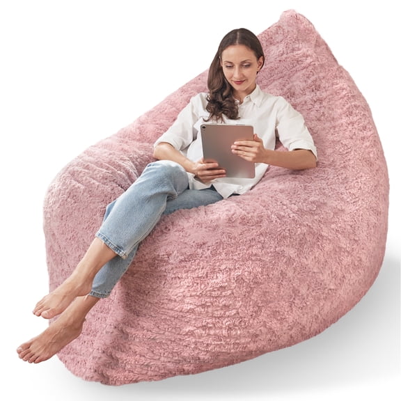 Congermom 4 in 1 Bean Bag Chair, Giant Memory Foam Filling Bean Bag Sofa, Adult Bean Bag Chair, Machine Washable Faux Fur Cover, Bean Bag for Adult (Pink)